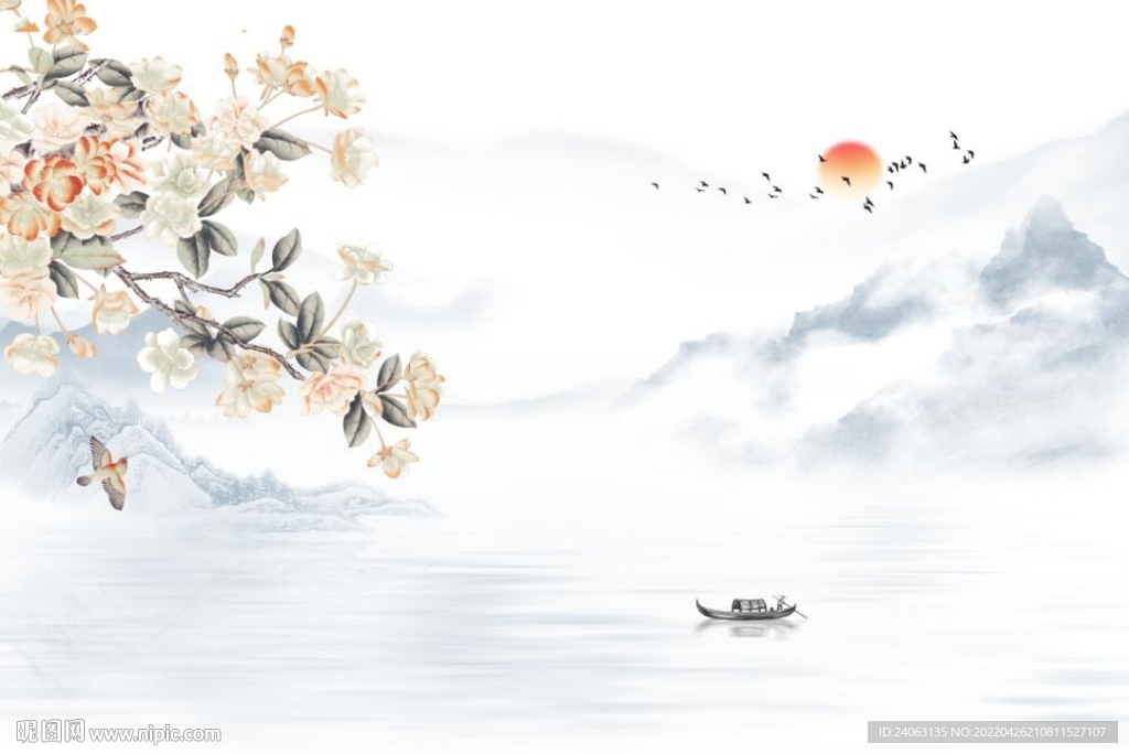 中式水墨山水花鸟背景墙