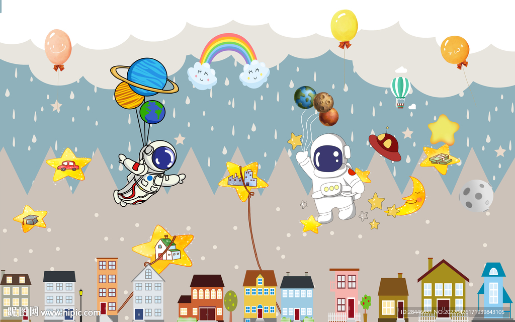 卡通手绘儿童房背景墙 