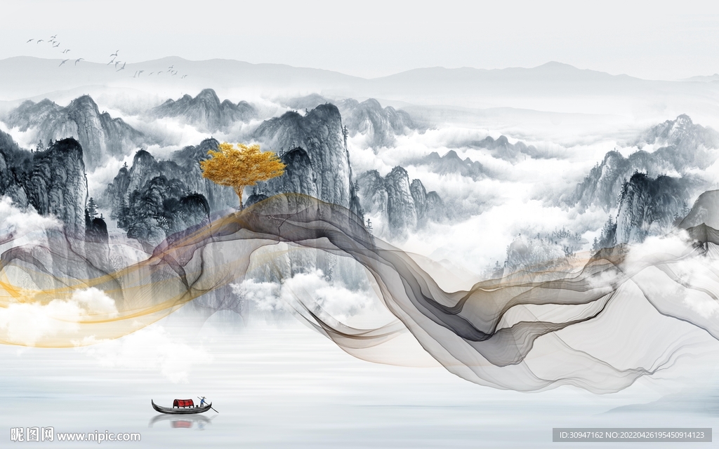 中国风客厅电视山水 TIF分层