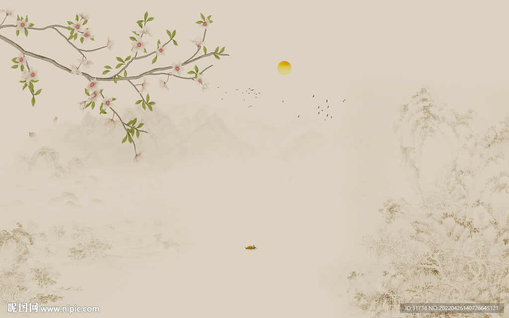 新中式山水工笔花鸟画背景墙