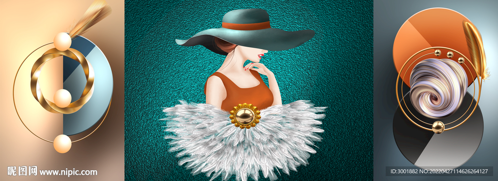 装饰画 三联画圆形美女羽毛扇子