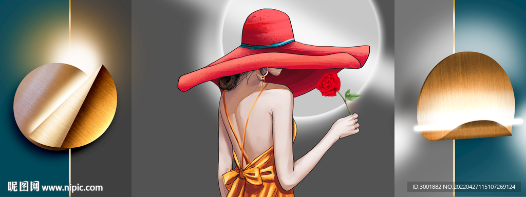 光影画 三联画 红帽子美女