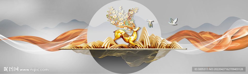 装饰画 新中式山水画麋鹿 飘带