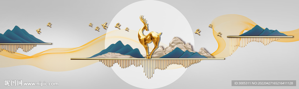 装饰画 新中式山水画 麋鹿