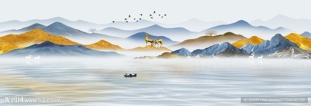 装饰画 新中式山水画 麋鹿