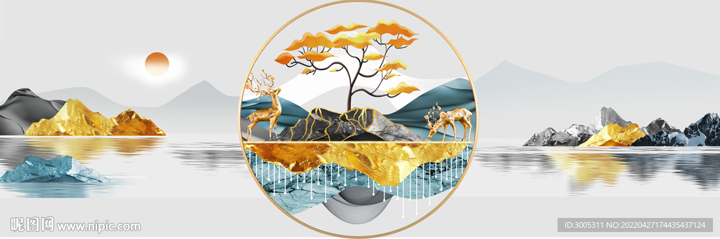 装饰画 新中式山水画 麋鹿