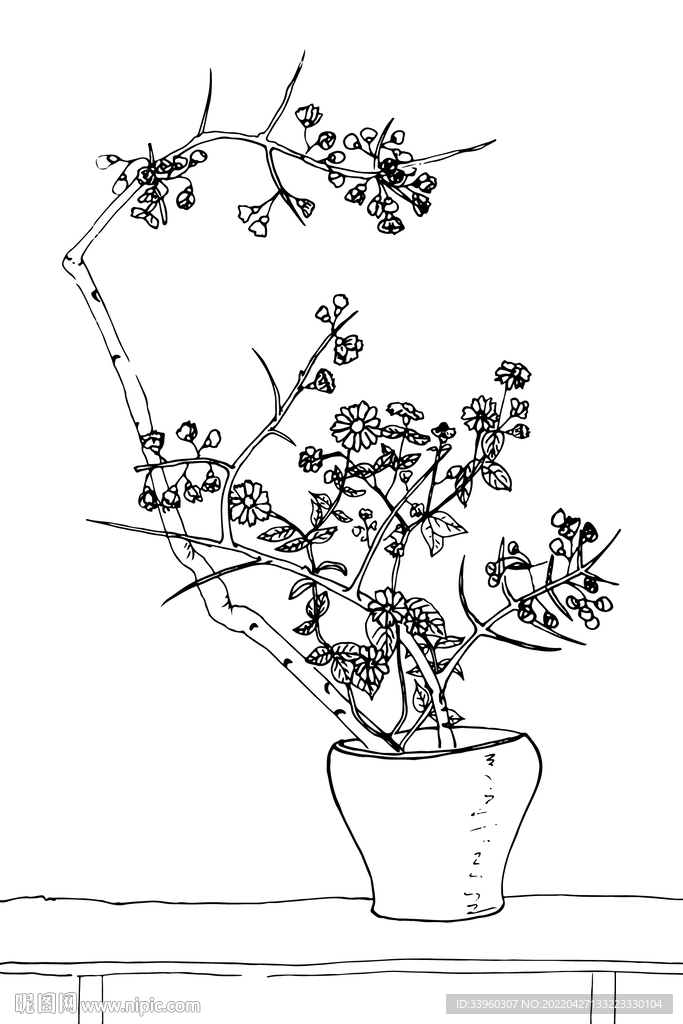 手绘插花艺术矢量线稿