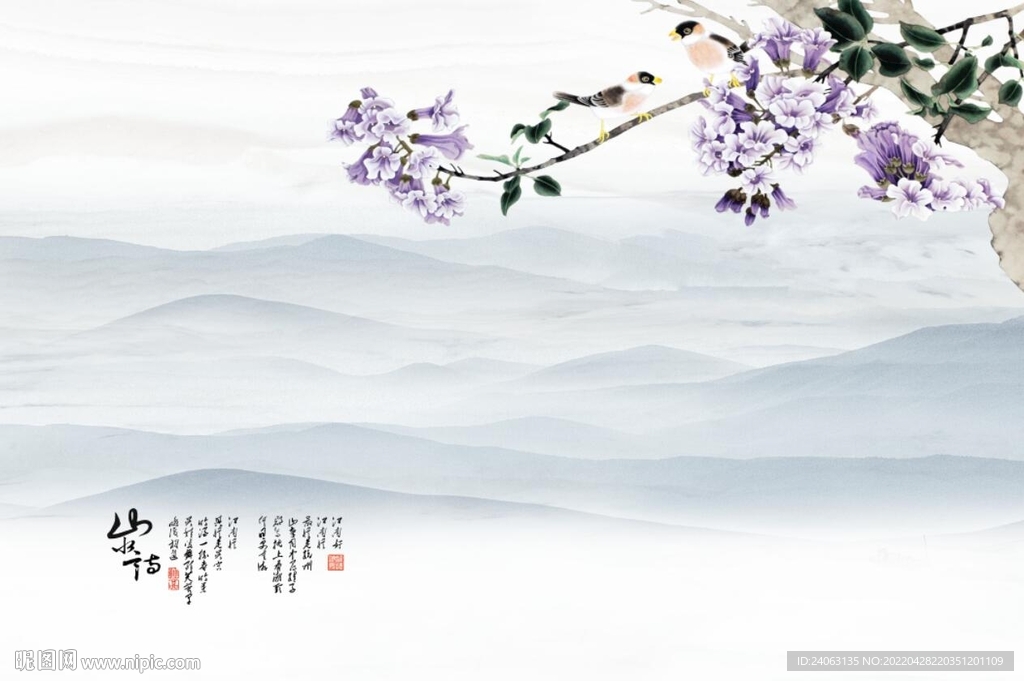 中式水墨山水花鸟背景墙