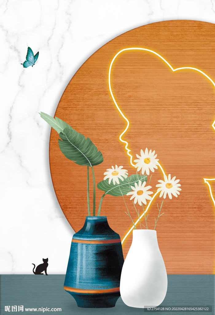 轻奢装饰画 花瓶 菊花 猫美女