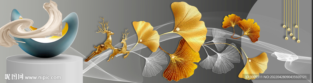 装饰画 麋鹿杏叶 弧线线条