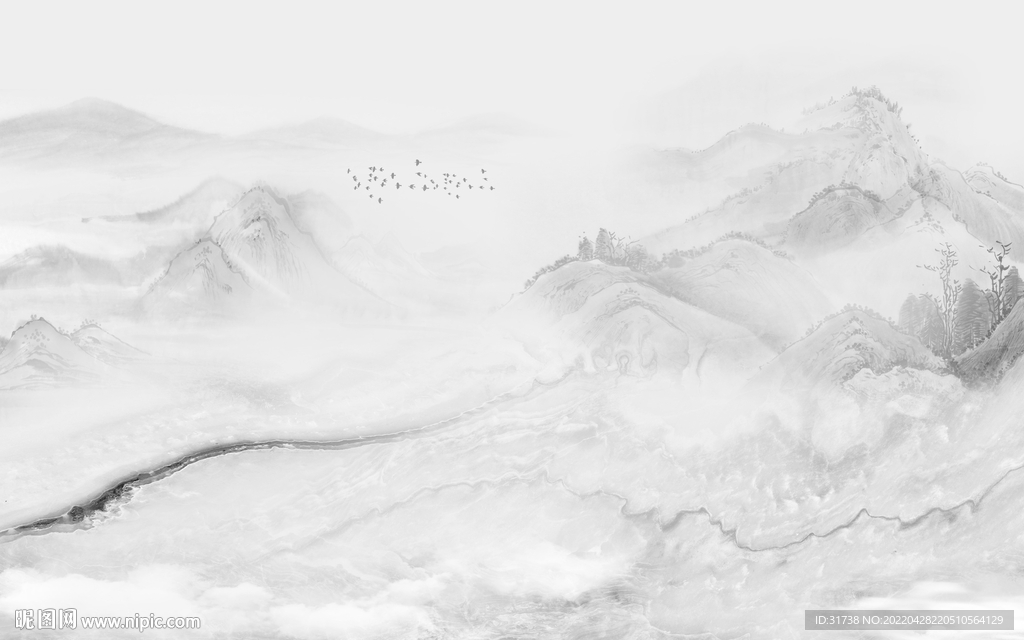 雅士白水墨山水新中式背景墙