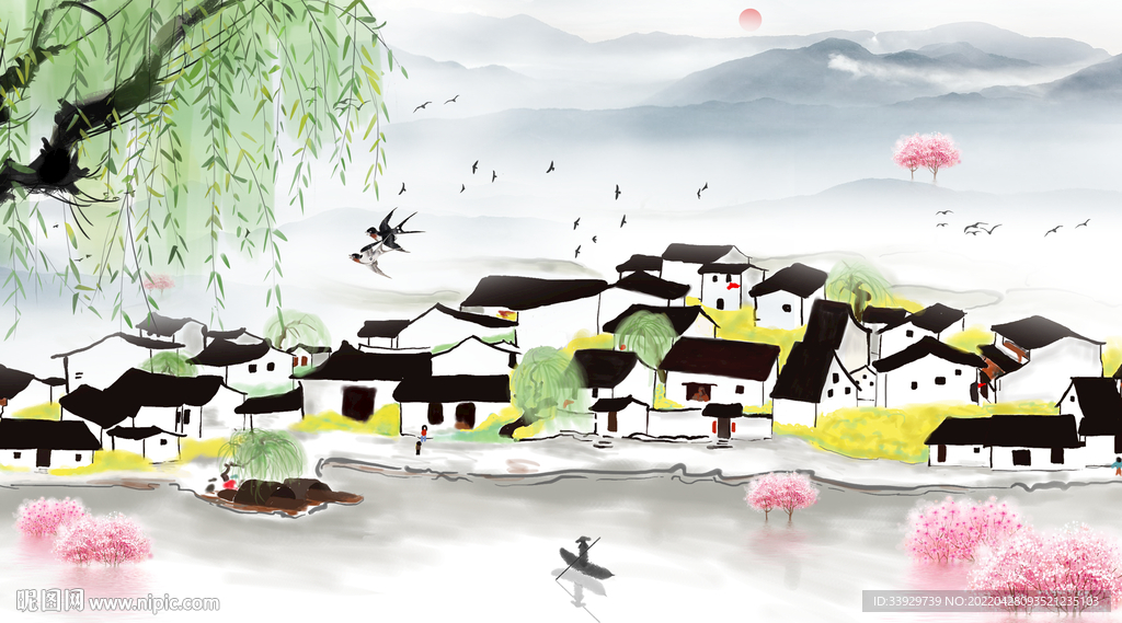 江南水乡水墨画