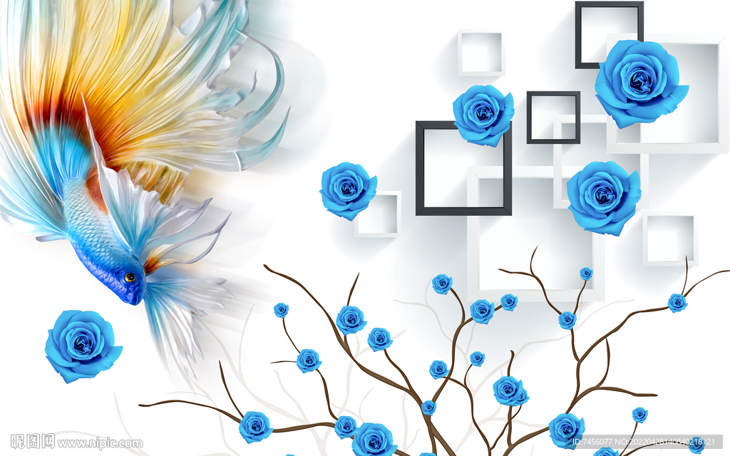 蓝色金鱼玫瑰花艺术背景墙