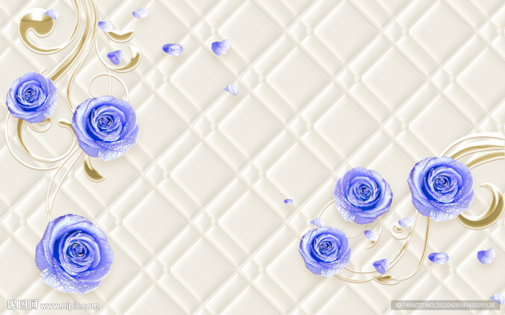 蓝色玫瑰花软包立体背景墙