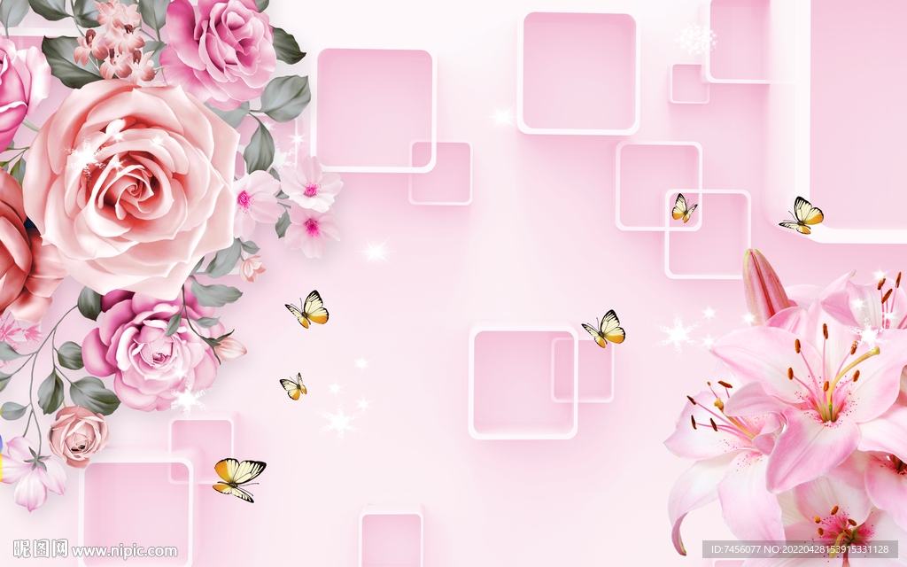 蝶恋玫瑰花立体背景墙