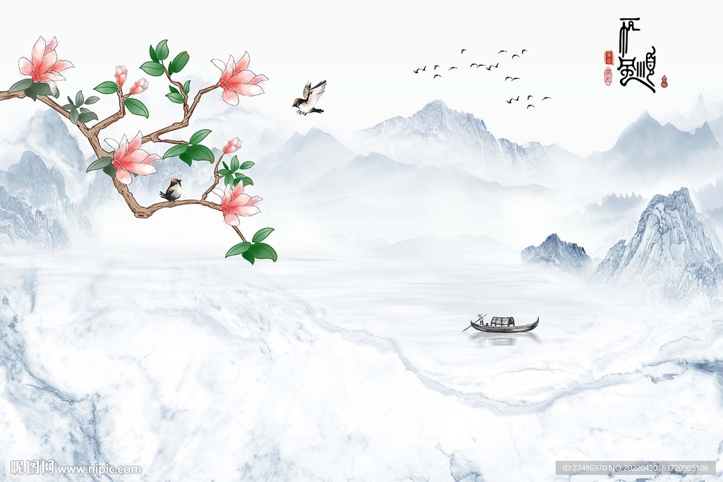 新中式手绘花鸟山水一帆风顺背景