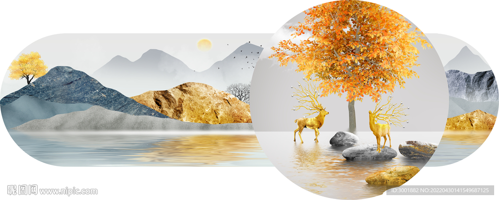 装饰画 新中式山水画 麋鹿