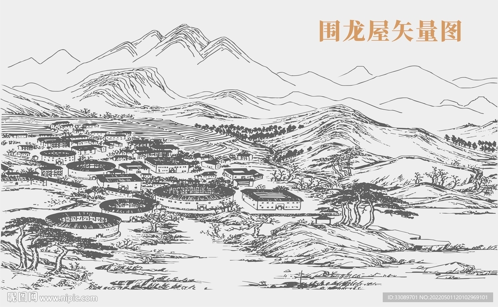 客家围龙屋手绘矢量图