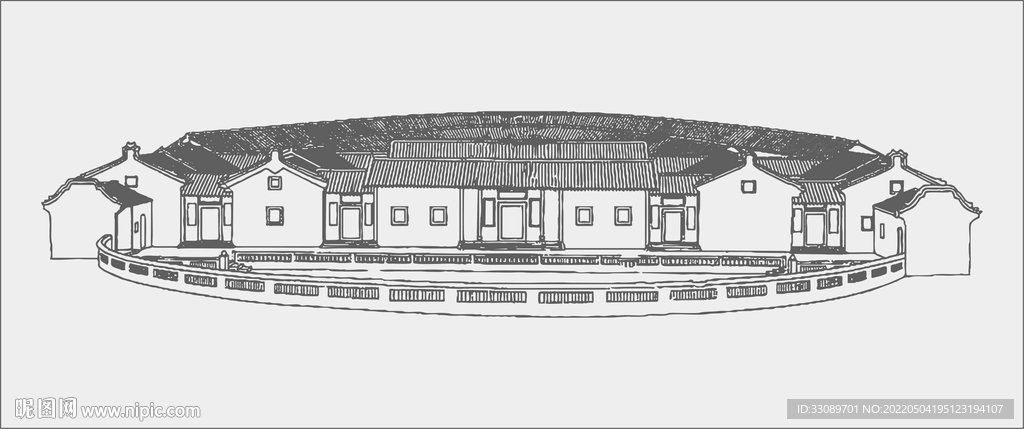 客家围龙屋手绘矢量