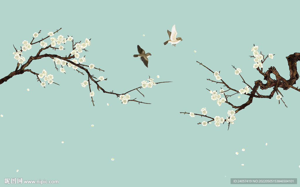 新中式花鸟手绘梨花背景墙装饰画