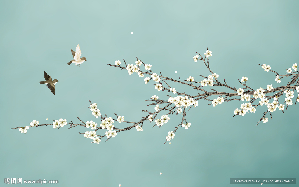 新中式花鸟工笔梨花背景墙装饰画