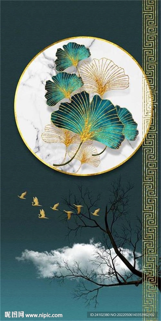 简约轻奢现代石纹银杏玄关装饰画