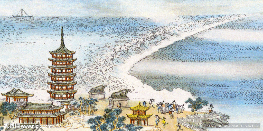 杭州钱塘江雷峰塔绘画风景