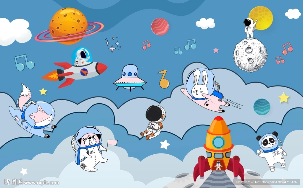 卡通天空宇航员儿童房背景墙