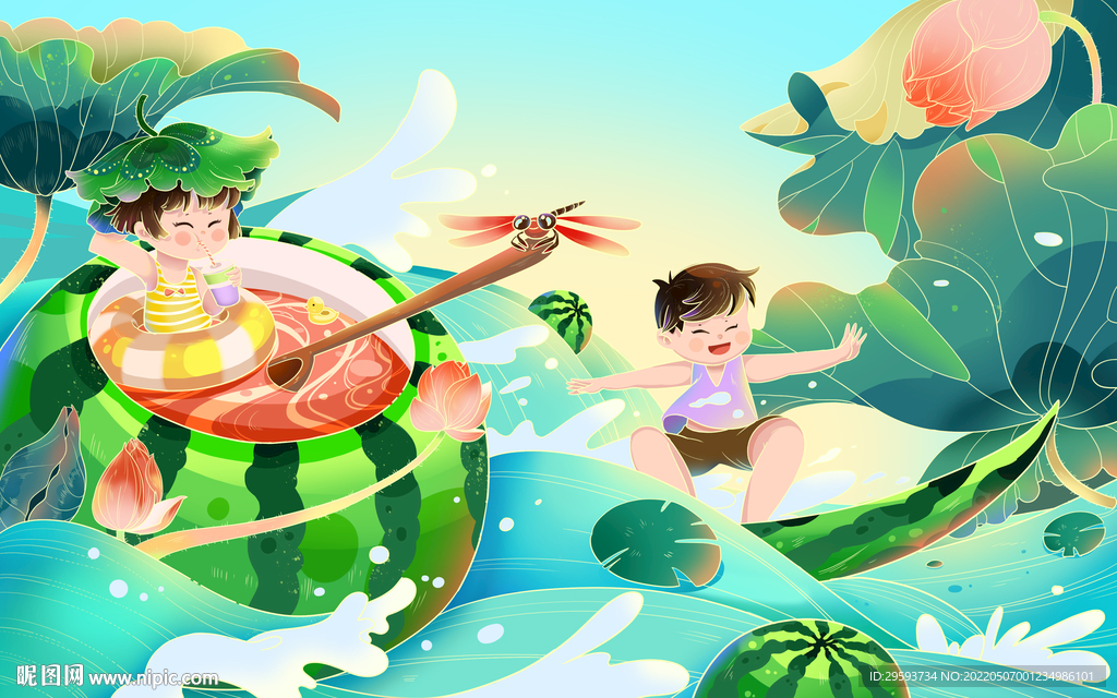 清新国潮立夏西瓜插画设计