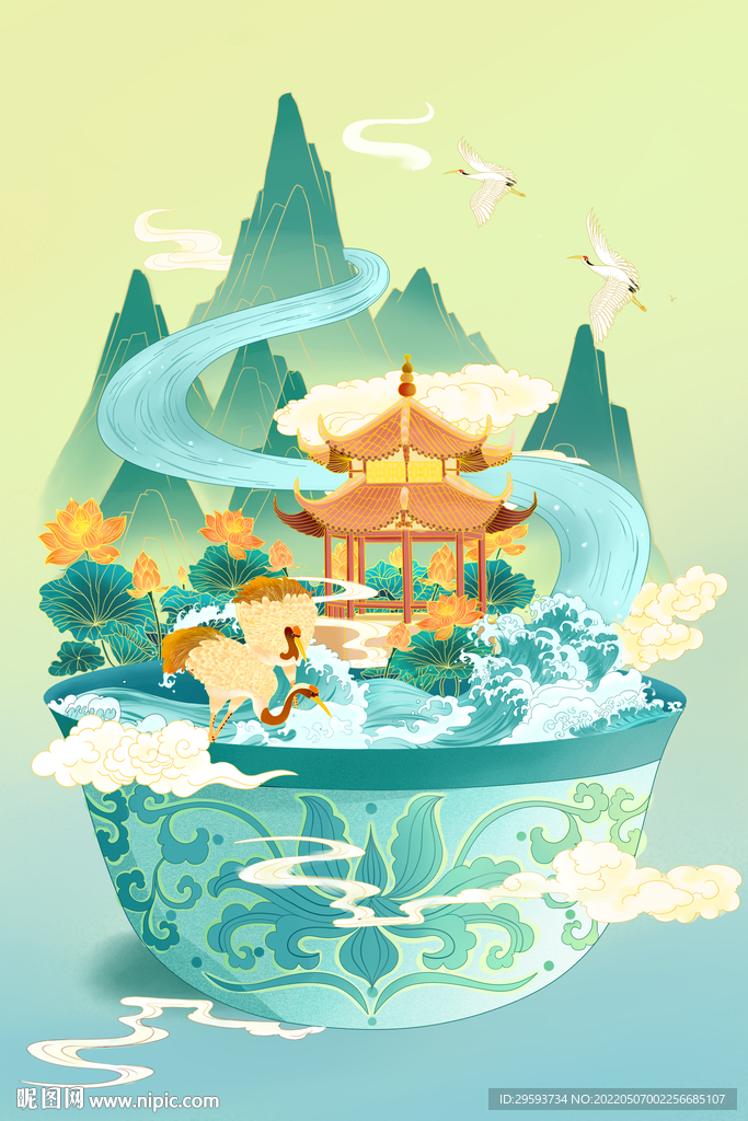 绿色立夏山水荷花插画设计