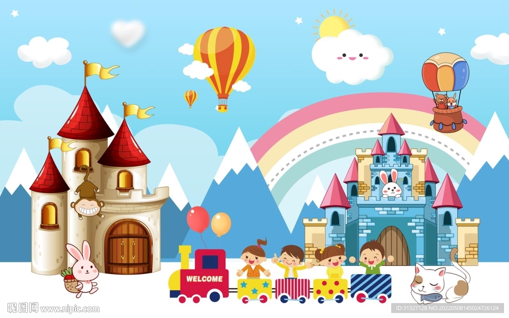 卡通手绘儿童房背景墙 图片