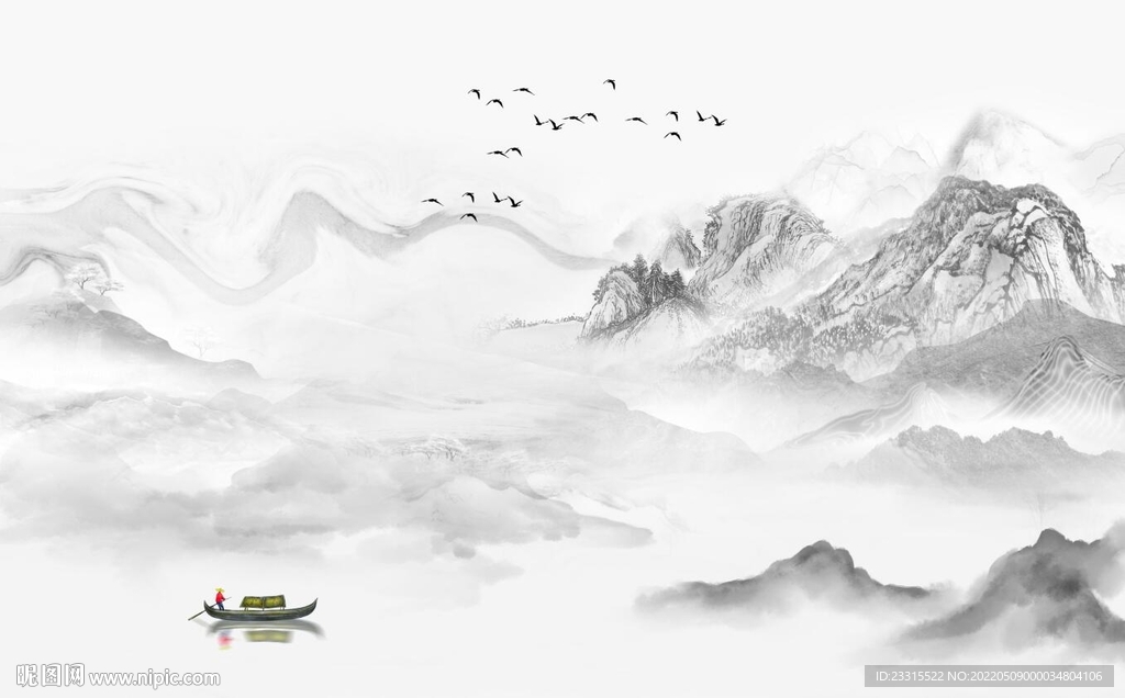 水墨山水烟雨江南新中式背景墙