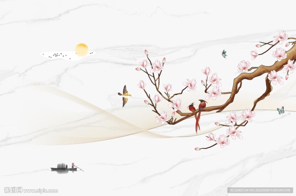 新中式水墨山水花鸟背景墙