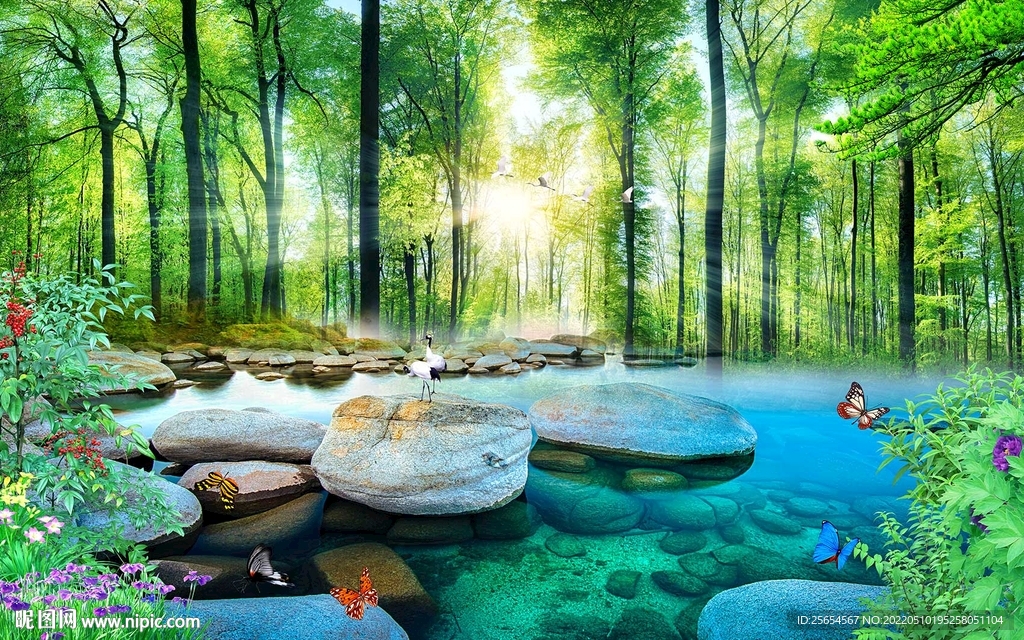 树林流水3D立体壁画