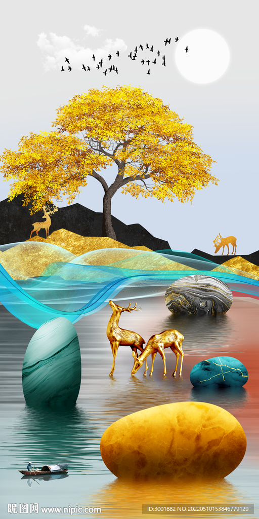 装饰画 麋鹿石头