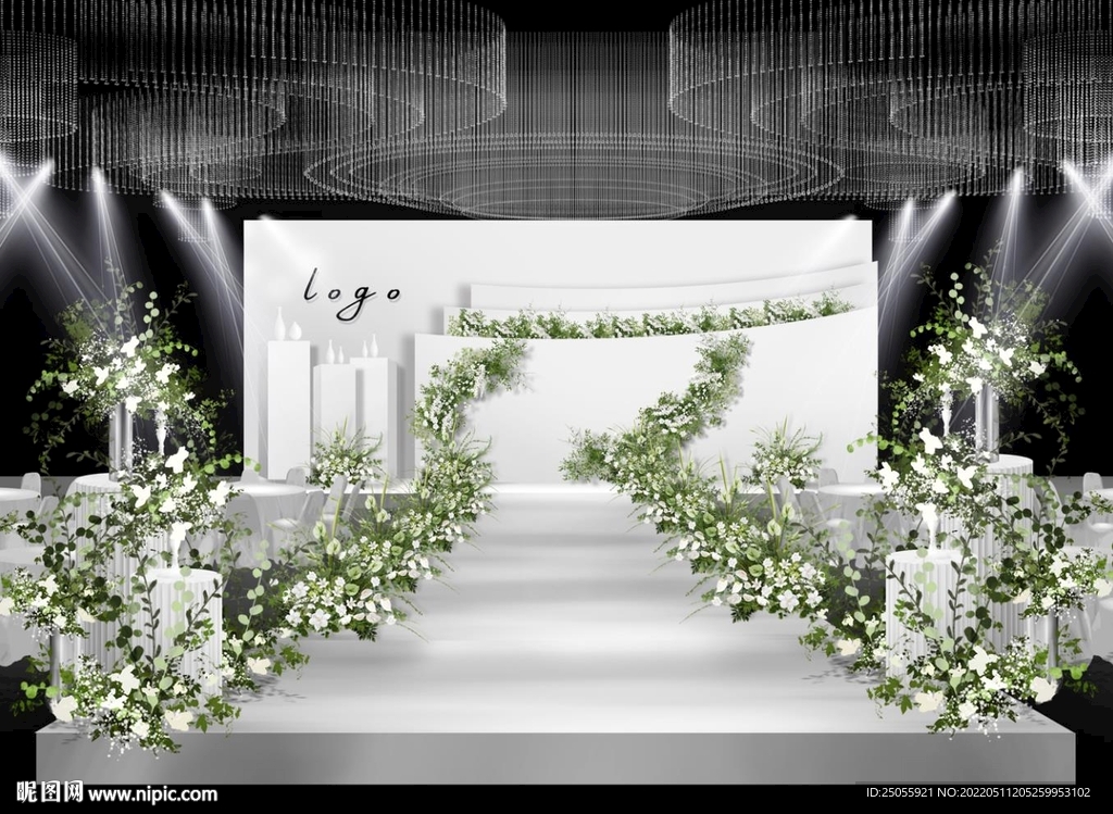 韩式白绿色婚礼舞台区效果图