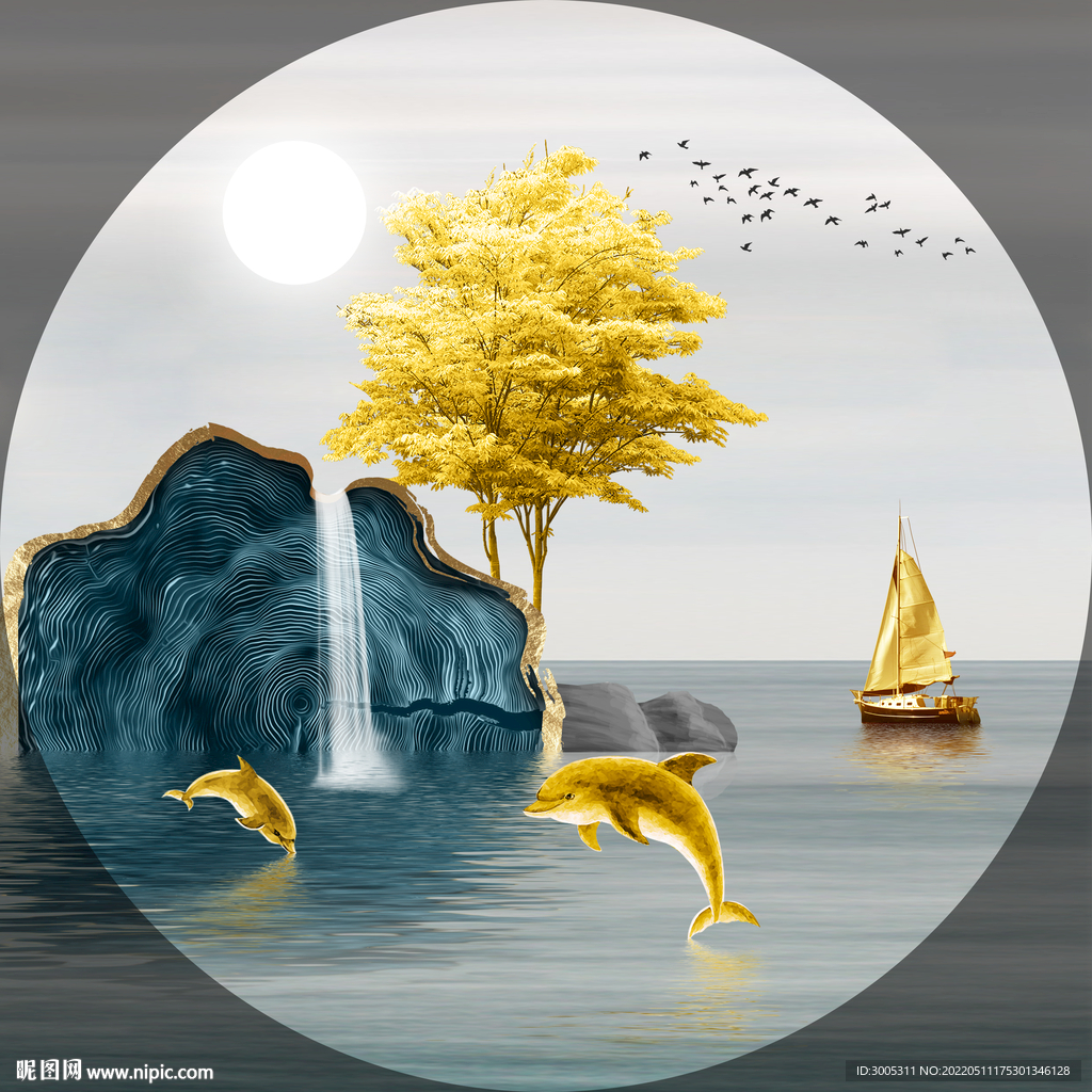 装饰画 新中式山水画 海豚帆船