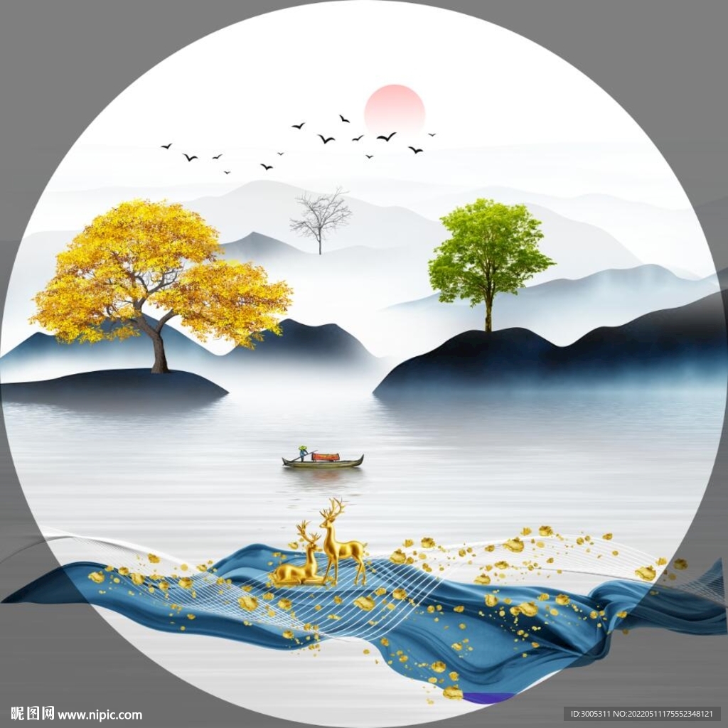 装饰画 新中式山水画 飘带