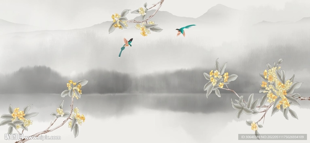 手绘花鸟山水意境图