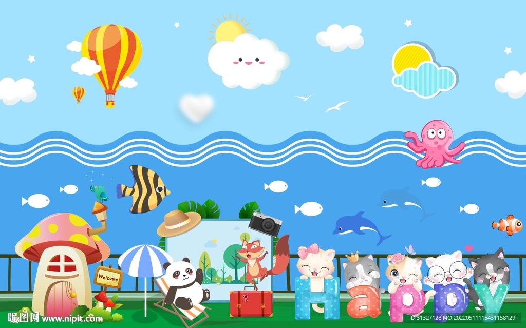 卡通海洋蓝天休闲背景墙 图片