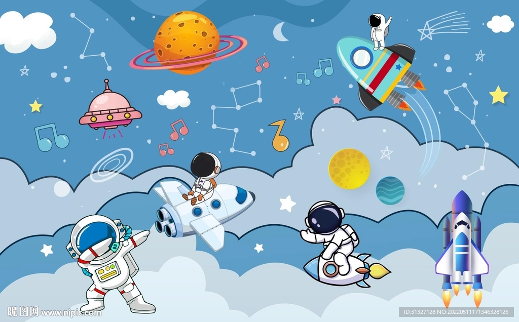 卡通太空环游儿童房背景墙图片