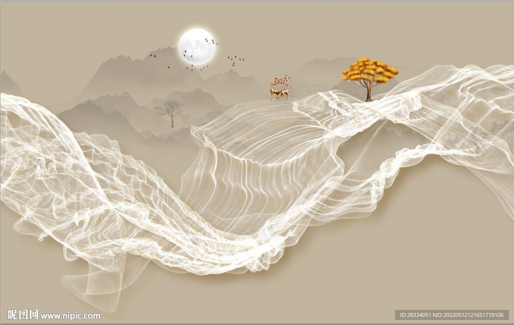 新中式抽象麋鹿山水背景墙