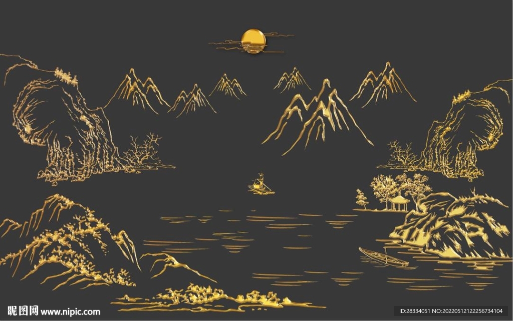 新中式浮雕金色山水电视背景墙