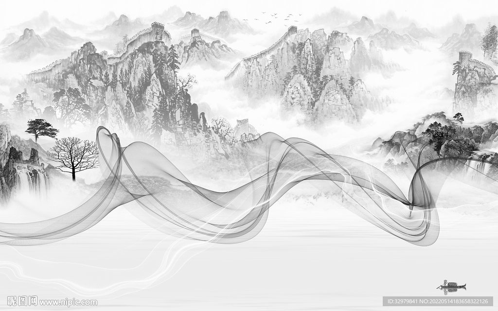 高清 无框画山水图 tif分层