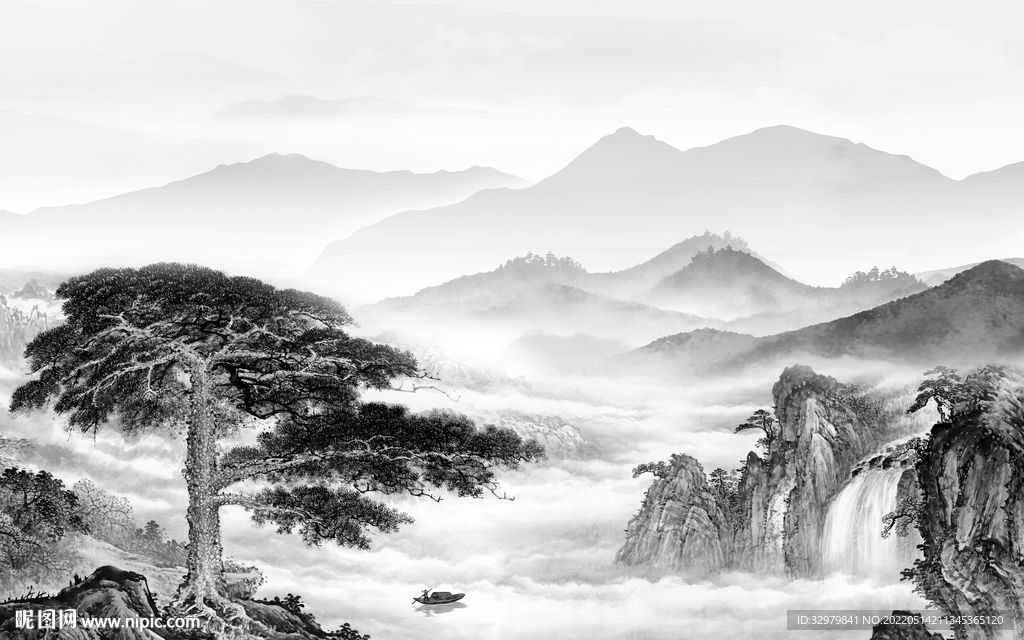 现代背景中式山水 tif分层