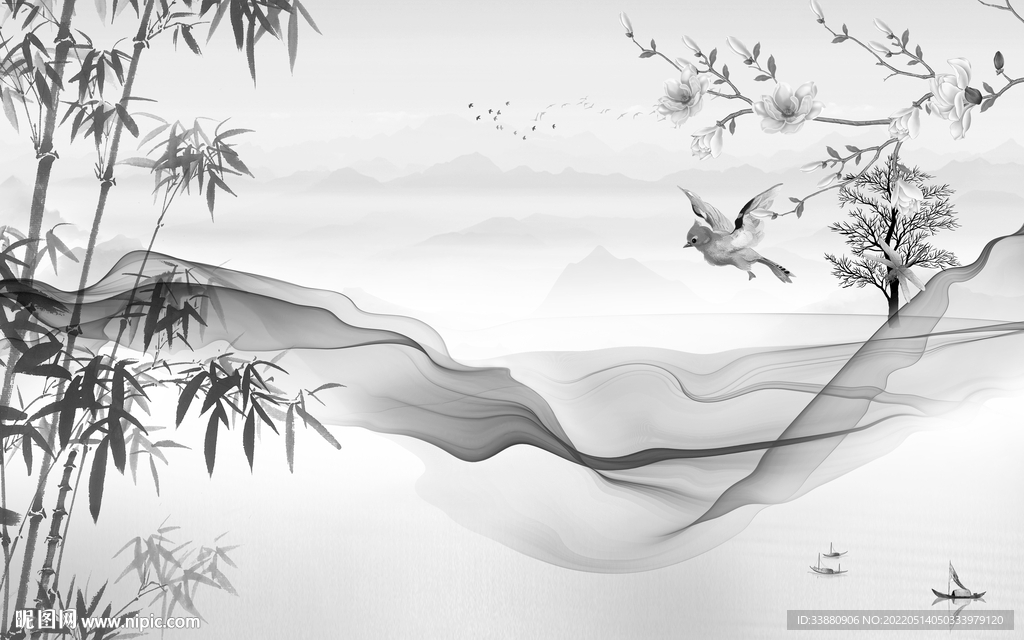 花鸟灰色客厅山水 tif分层