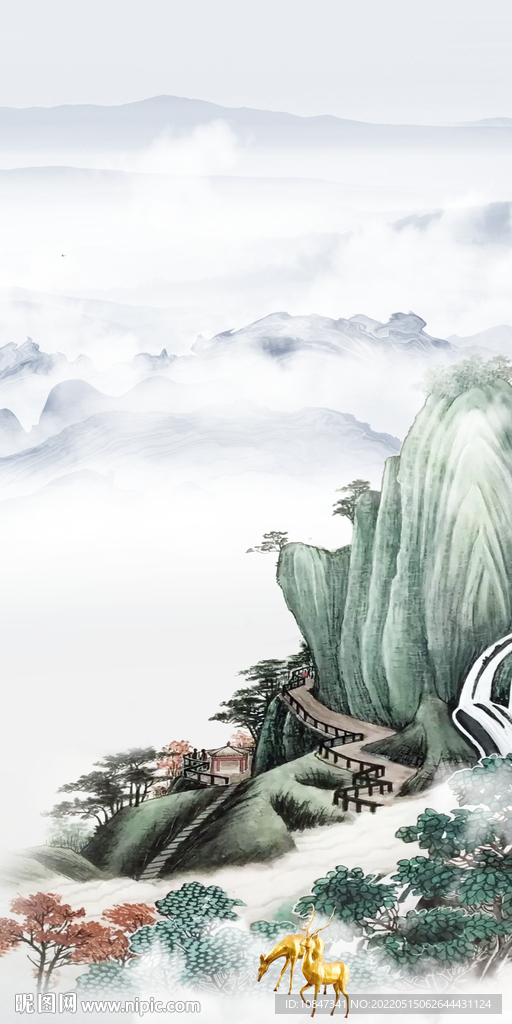 中国风意境玄关墙画 TIF分层