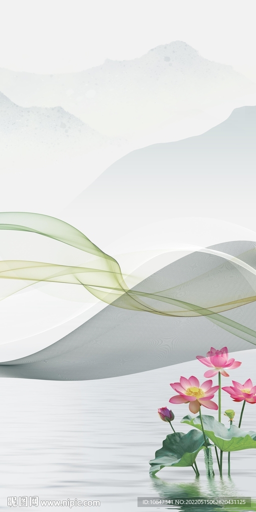 荷花意境玄关墙画 TIF分层