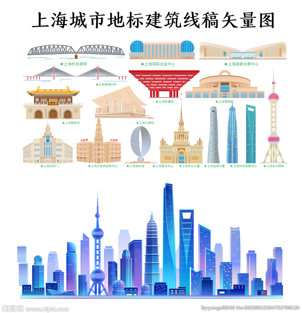 上海城市地标建筑线稿矢量图