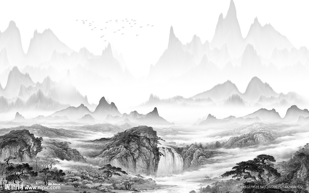 背景墙高端灰色山水 TiF分层